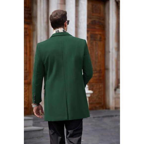 Men's Green Wool Blend Coat Plaid Scarfs Notched Collar Pea Coat Trench Overcoat - Picture 2 of 4